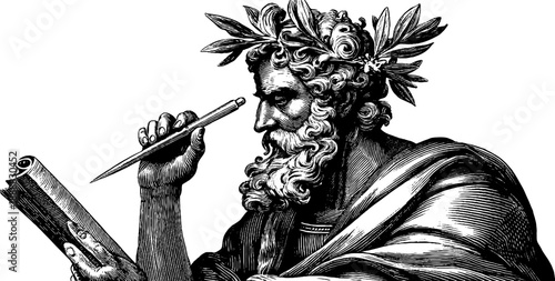 Allegorical figure of art with palette in vintage style sketch engraving for creative design