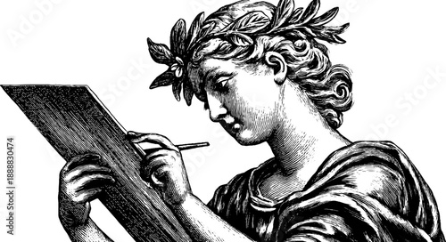 Allegorical figure representing art holding palette in vintage style engraving