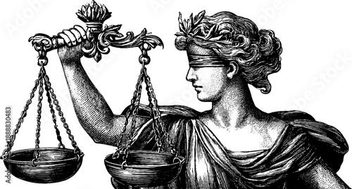 Allegorical figure of justice holding scales in vintage sketch design for posters and prints