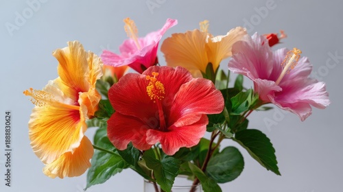 Bright and Colorful Hibiscus Flowers in a Clear Glass Vase