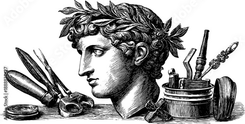 Allegorical representation of craft tools with classical figure for artistic study and design