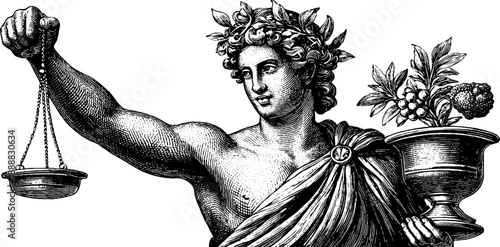 Allegorical figure of craftsmanship with scale and fruit bowl hand drawn engraving for academic design