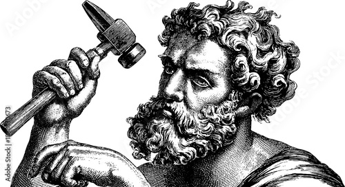 Allegorical figure symbolizing craftsmanship with hammer in retro engraving style for design