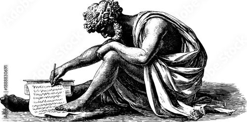 Allegorical figure of creativity in seated pose - vintage hand-drawn engraving for artistic inspiration