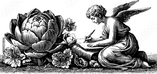Allegorical figure of diligence in working posture with floral surroundings - design for art prints and posters
