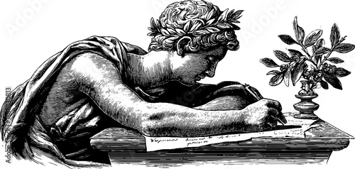 Allegorical figure of diligence in working posture - vintage hand-drawn engraving for retro design