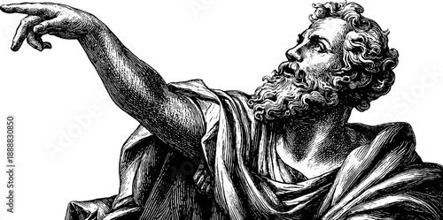 Allegorical figure representing discovery in dramatic gesture pose, vintage drawing