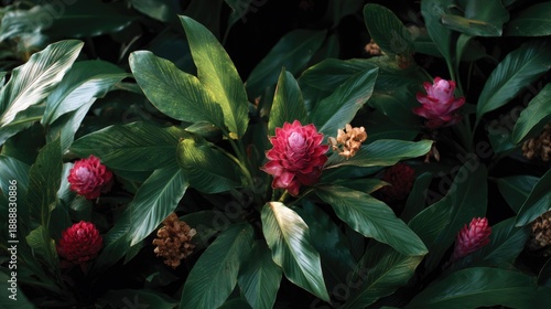 Lush Tropical Flora with Vibrant Red and Yellow Flowers among Green Leaves