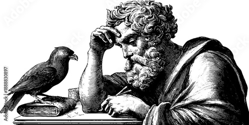 Allegorical figure of wisdom teaching with bird companion in vintage engraving style