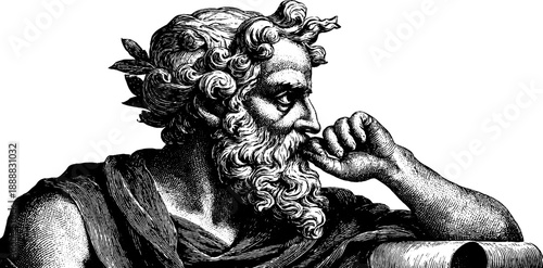 Allegorical figure representing innovation in thoughtful pose – vintage hand drawn illustration for design