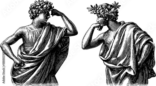 Allegorical figures representing inquiry in thoughtful poses - classic vintage design for art and decor