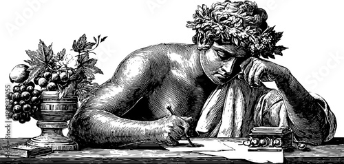 Allegorical figure of innovation in thoughtful pose with laurel wreath and grapes engraving for art design