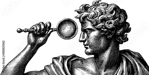 Allegorical figure depicting inquiry with magnifying glass in vintage style for retro art and design