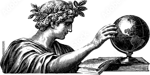 Allegorical figure of knowledge with globe and books - vintage hand drawn etching for educational design
