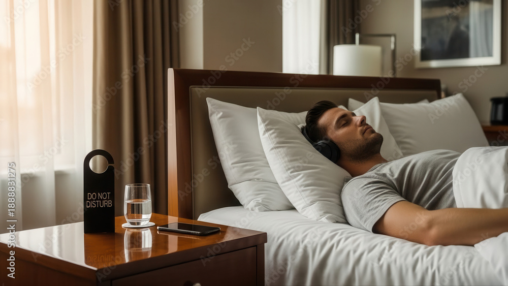 Fototapeta premium Man napping with headphones on a soft pillow in a cozy bedroom, warm lighting, wooden nightstand with a glass of water, curtains gently diffusing sunlight