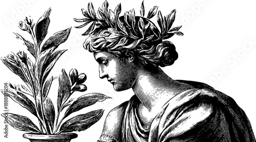 Allegorical figure symbolizing mastery in calm pose - vintage design for decor and print