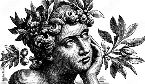 Allegorical figure of memory in reflective pose, vintage artwork for historical design