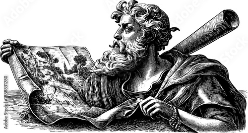 Allegorical figure of navigation with map in vintage engraving for historical design