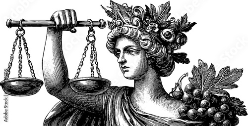 Allegorical figure of justice holding scales, vintage engraving for design and decoration