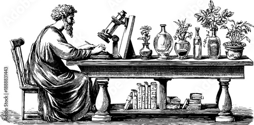 Allegorical figure at research desk with vintage scientific instruments and plant specimens