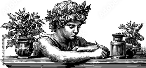 Allegorical figure of study with seated child writing in vintage style for educational design