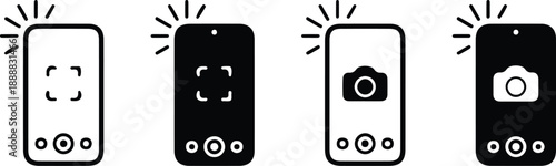 mobile camera photography black black line four icons set vector illustration style art