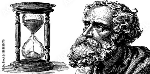 Allegorical representation of time with vintage hourglass and thoughtful figure