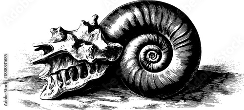 Ammonite fossil spiral shell in vintage botanical engraving style from the 19th century