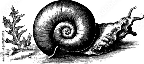 Vintage engraving of 19th century ammonite fossil spiral shell with botanical elements