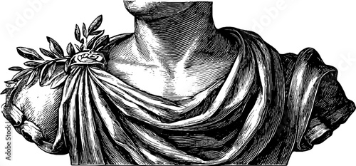 Ancient style bust with draped shoulders and botanical details for art design