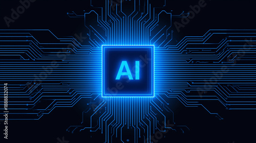 Futuristic AI Processor and Digital Circuit Concept,
Abstract artificial intelligence processor concept featuring a glowing blue microchip surrounded by futuristic circuitry
