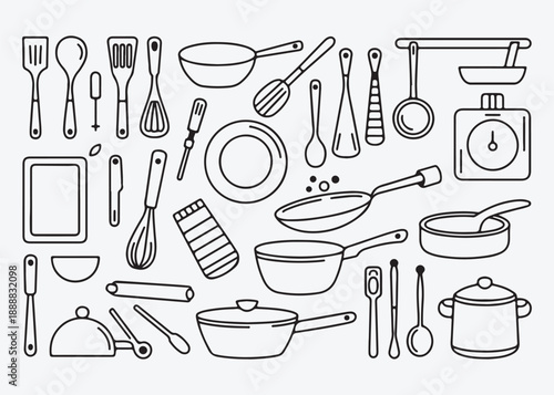 Professional set of kitchen utensils and essential cooking tools neatly arranged for culinary preparation