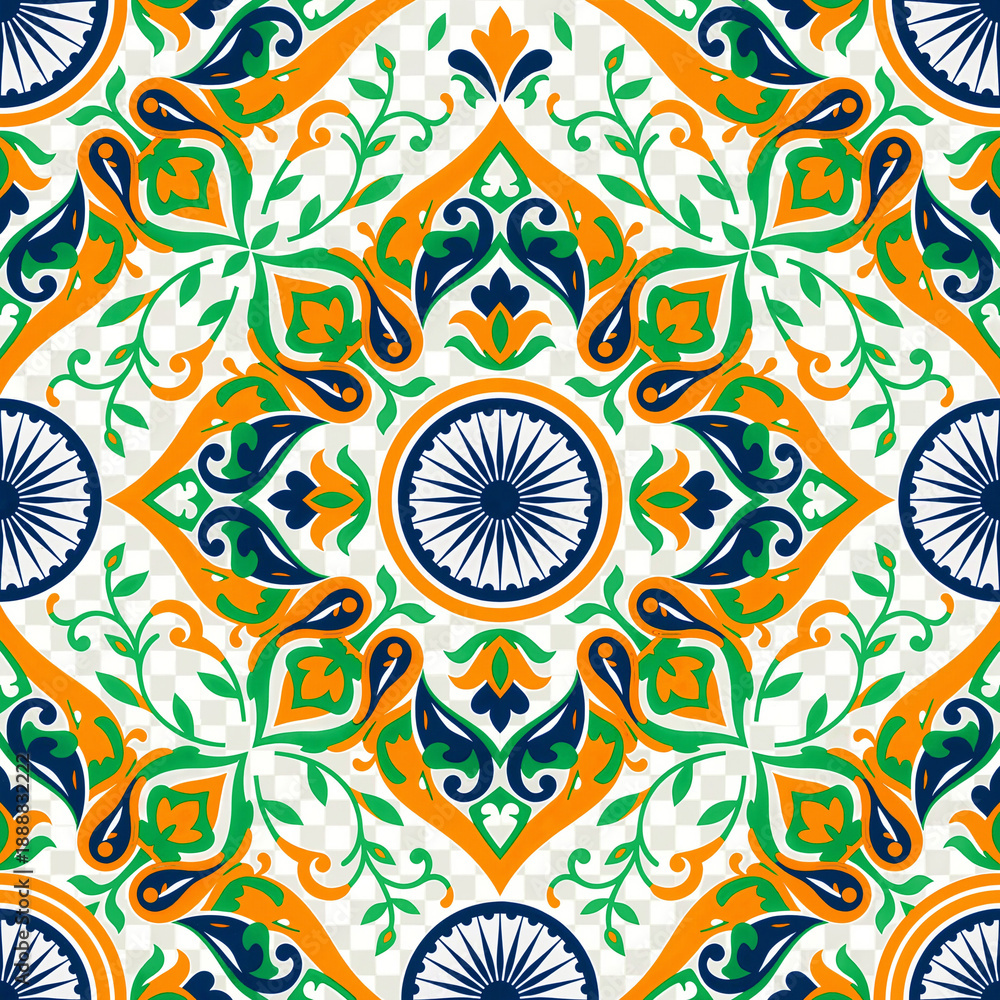 Fototapeta premium Indian Tricolor Rangoli Pattern with Ashoka Chakra – Traditional Floral Design on Transparent Background