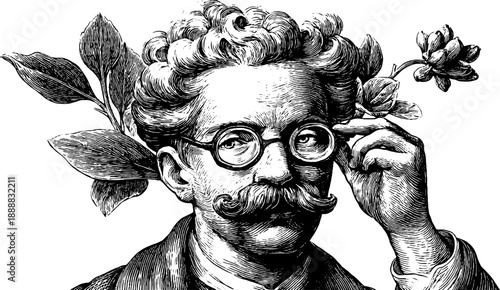 Intellectual portrait with botanical elements in vintage etching style for retro design
