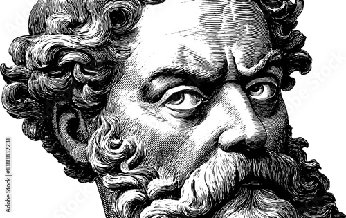 Vintage intellectual portrait in serious pose with botanical elements - hand-drawn etching for design