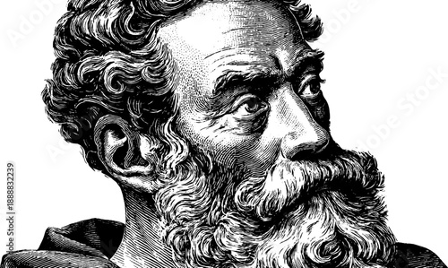 Vintage intellectual portrait in serious pose with botanical elements for design and art projects