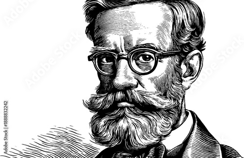 Anonymous intellectual portrait with serious pose and vintage botanical style