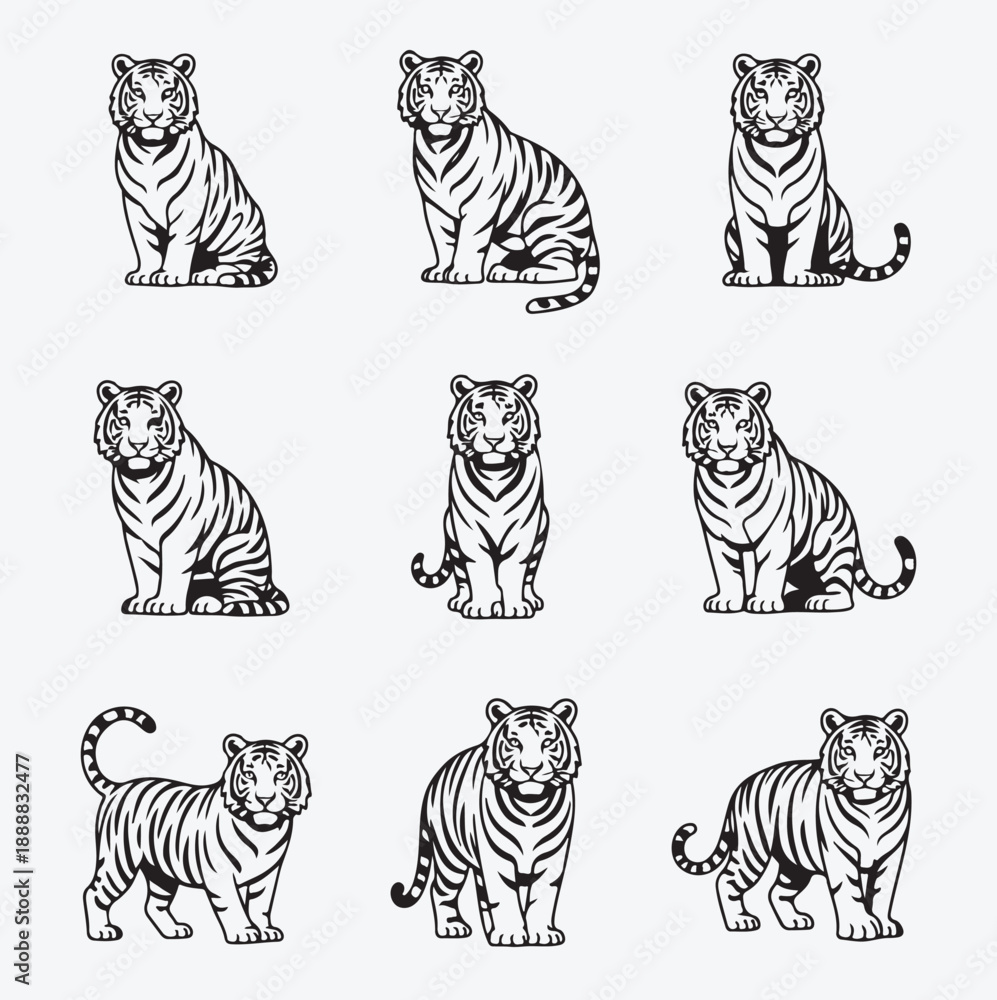 Obraz premium A cute cartoon wildlife set of zebra vector illustrations features isolated black and white striped mammals alongside safari animals like horses and feline predators in a nature silhouette style