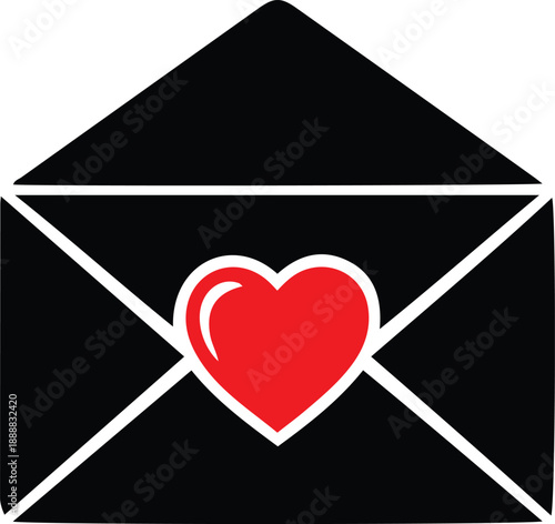 Black envelope with red heart symbol and white outline love letter mail