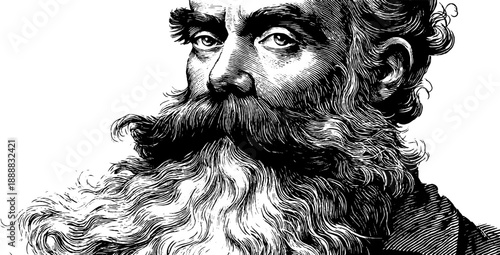 Vintage botanical engraved portrait of bearded man with textured detail