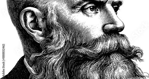 Vintage botanical study portrait of bearded man in engraving style for retro design