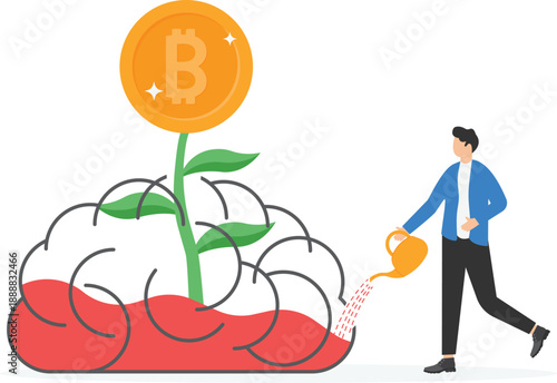 Cultivating Wealth Concept with Businessman Watering Bitcoin Crypto Plant Inside Brain