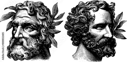 Vintage botanical portrait engraving of classical figures - artistic representation for decor