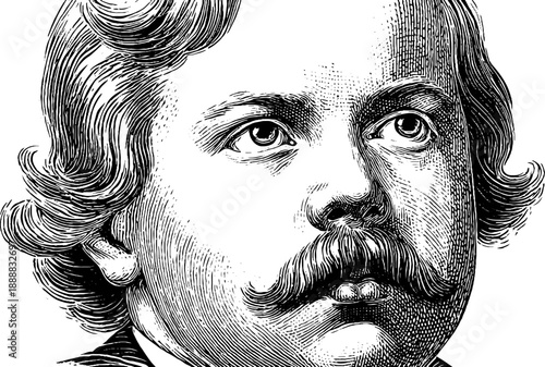 Vintage engraved portrait of an anonymous gentleman with elegant botanical elements