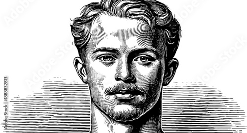 Vintage engraving of anonymous portrait with botanical elements in frontal view