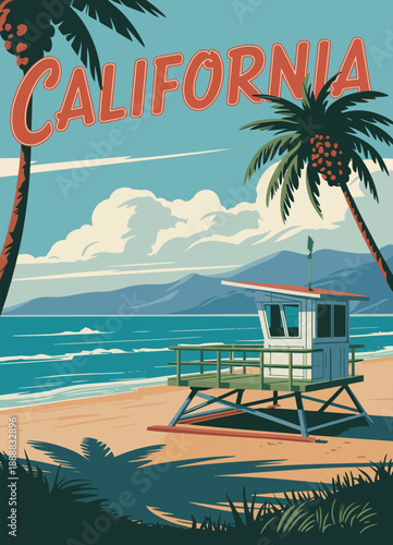 California Beach Poster Vector Illustration with Lifeguard House, Palm Trees, Coastline, Ocean Surf and Blue Sky, Vintage Coastal Travel Artwork