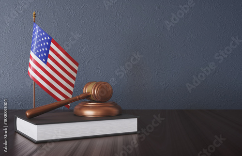Fotografi Judge gavel on the desk with USA flag. Law and justice concept