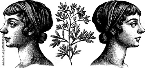 Vintage botanical portrait silhouette engraving with hand-drawn illustration of anonymous figures
