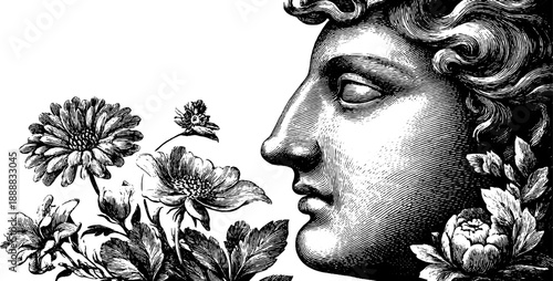 Vintage botanical portrait, engraving of anonymous profile with floral elements for retro design