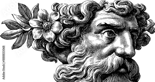 Vintage botanical portrait silhouette of classical bearded figure with floral design